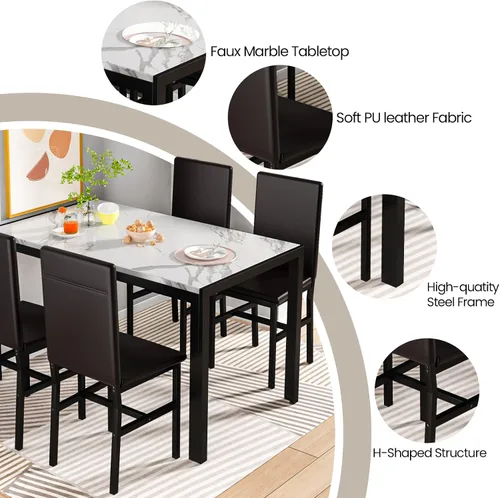 Miniatura 5 de DKLGG Juego de 4 mesas de comedor para 4, juego de 4 mesas y sillas de cocina de mármol sintético, moderno juego de mesa de comedor de 5 piezas