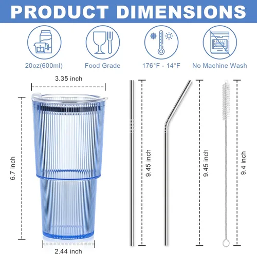 Miniatura 3 de 2 Pcs 20oz Plastic Ribbed Tumblers with Lid and Straws Blue Plastic Reusable Iced Coffee Cups with Lid Unbreakable Vintage Ribbed Drinking Glasses