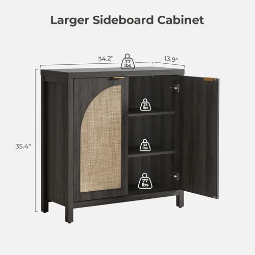 Miniatura 2 de SICOTAS Juego de 3 aparadores de ratán de 102 pulgadas de ancho, armario de almacenamiento moderno Credenza con puertas de arco y estantes, Roble