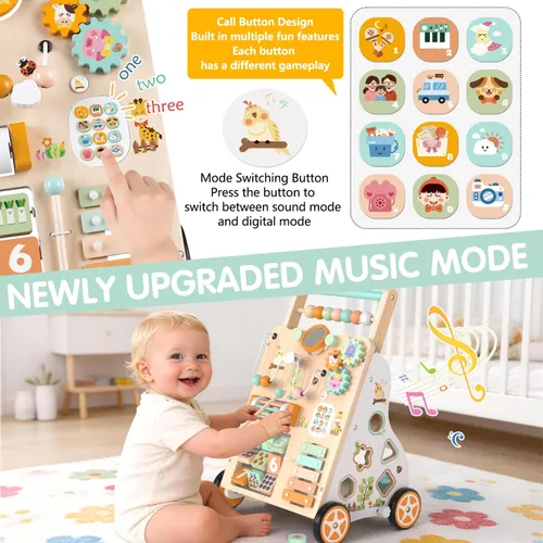 Miniatura 5 de Andador de bebé de madera con ruedas, andador de empuje con centro de actividad para bebés, juguete de caminar Montessori para niñas y niños, Natural