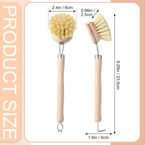 Miniatura 2 de Maxdot 4 cepillos de cocina con mango de madera de haya, mango de madera natural, cepillo de cerdas de fibra, cepillo de repuesto de 2 pulgadas
