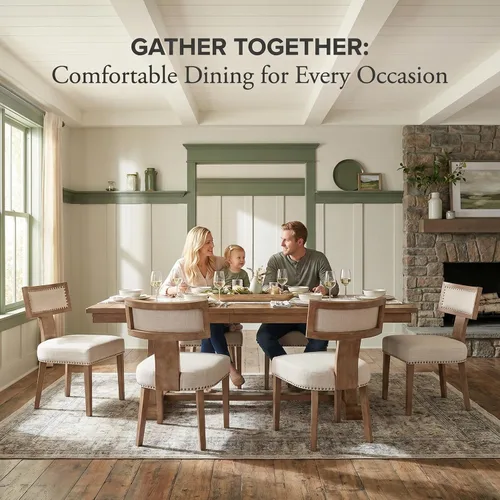 Miniatura 2 de VESCASA Sillas de comedor tapizadas de lino con patas de madera natural, modernas sillas de comedor acolchadas con ribete de cabeza de clavo