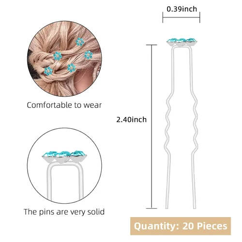 Miniatura 2 de QIUTIMIY Paquete de 20 horquillas para el cabello con flores de cristal (azul) con diamantes de imitación para novia, boda, accesorios de joyería
