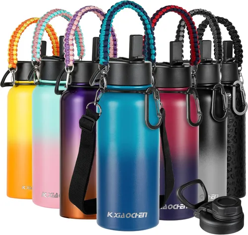 Miniatura 9 de KXIAOCHEN Botella de agua aislada, botella de agua de acero inoxidable, 2 tapas (con pajilla y tapa con asa), botellas de agua metálicas de boca