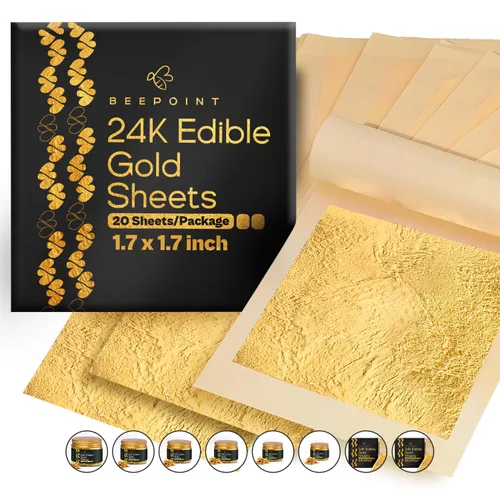 BeePoint Hojas de oro comestibles de 24 quilates, 20 unidades, hojas doradas de 1.7 x 1.7 pulgadas para decoración de pasteles, hornear y cocinar,