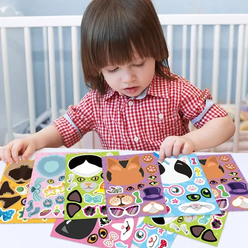 Miniatura 7 de 24 hojas de calcomanías de gatos, pegatinas para hacer caras, crea tus propias calcomanías de gatos, calcomanías de animales para niños, regalo