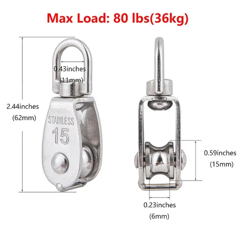 Miniatura 4 de 2 piezas de bloque de polea simple de acero inoxidable 304 M15, cable de alambre colgante rueda de remolque, con 2 piezas de ganchos de resorte a