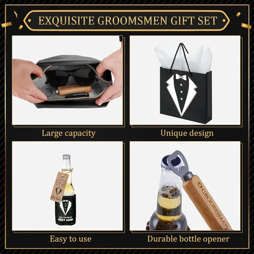 Miniatura 4 de 20 cajas de propuestas para padrinos de boda con gafas de chupito, calcetines, gafas de sol, bolsa de aseo de piel sintética, abridor de botellas