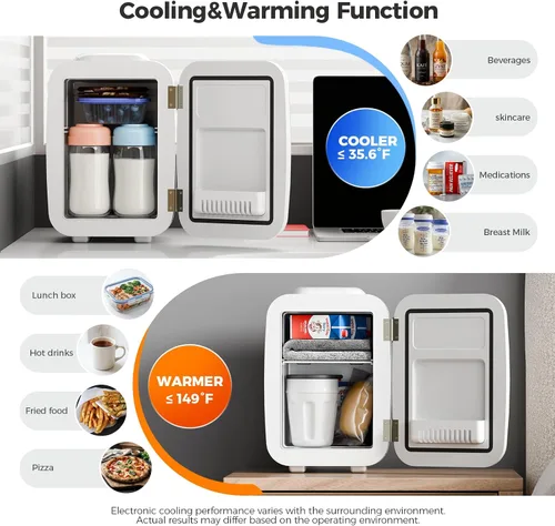Miniatura 2 de YASHE Mini nevera, refrigerador pequeño de 4 litros/6 latas para el cuidado de la piel, 110 V CA/12 V CC, enfriador termoeléctrico y calentador