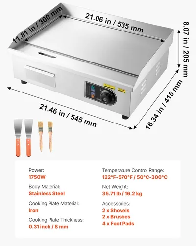 Miniatura 7 de VEVOR Plancha eléctrica comercial, 21 x 11.8 pulgadas, 1750 W, control de temperatura ajustable de 122-570 °F, parrilla superior plana de acero