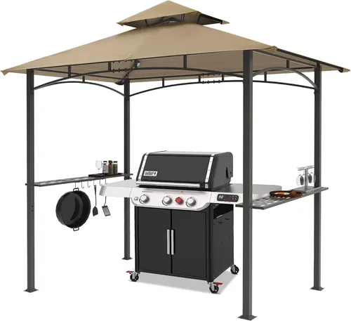Miniatura 9 de MASTERCANOPY Gazebo de parrilla de 8 x 5 para exteriores, toldo con 2 luces LED (costuras marrones caqui)