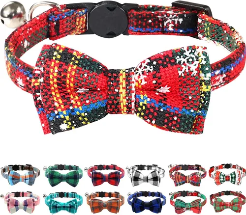 Miniatura 26 de Joytale Collar de gato mejorado con campanas, collares de gato separables con corbatín, 1 paquete de collares de gatito de cuadros de seguridad