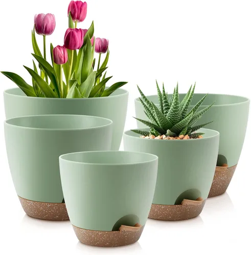 Miniatura 19 de QRRICA Macetas para Plantas de 8/7/6.5/6/5.5/5 Pulgadas con Autoriego, Juego de 6 Macetas de Plástico con Agujeros de Drenaje y Platillos, Macetas