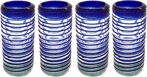 Miniatura 11 de Specialty - Vasos de tequila mexicanos, soplados a mano con color y textura únicos, juego de 4 piezas (borde azul)