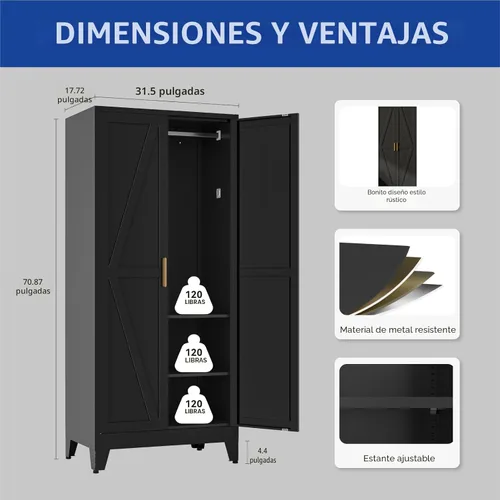 Miniatura 3 de COFaR Armario de metal con puertas, armario negro de granja con barra para colgar y estantes ajustables, armario de 71 pulgadas de alto