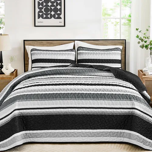 Miniatura 2 de WONGS BEDDING Juego de Edredón Full, Juego de Colcha y Cubrecama de 3 Piezas a Rayas Negras, Edredones Ligeros de Verano Tamaño Full para Cama