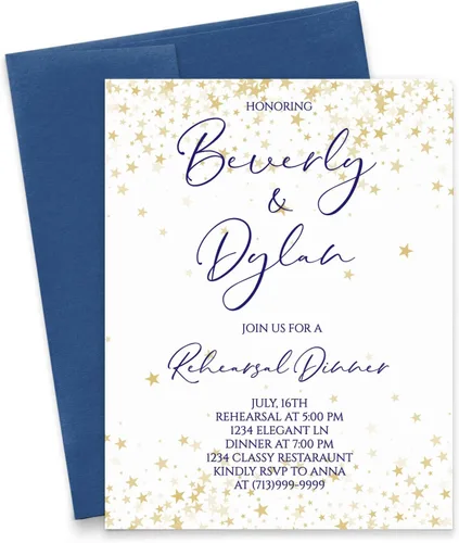 Modern Pink Paper Invitación de cena de ensayo elegante personalizada, estrellas doradas, su elección de cantidad y color de sobre