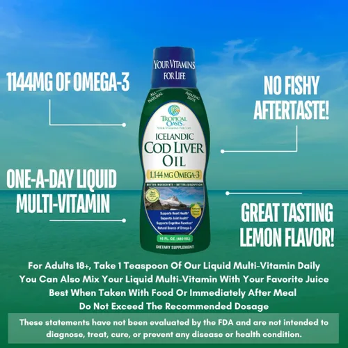 Miniatura 4 de Tropical Oasis - Aceite de hígado de bacalao islandés Máxima fuerza 1144 mg de aceite de pescado líquido natural omega-3 capturado