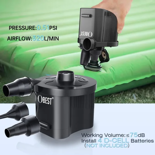 Miniatura 2 de OBEST Bomba de aire eléctrica alimentada por batería, inflador/deflator portátil para campamento al aire libre, colchón de aire, flotadores