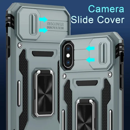 Miniatura 321 de DEERLAMN Funda para iPhone Xs Max con funda deslizante para cámara + protector de pantalla, soporte giratorio de anillo de grado militar a prueba