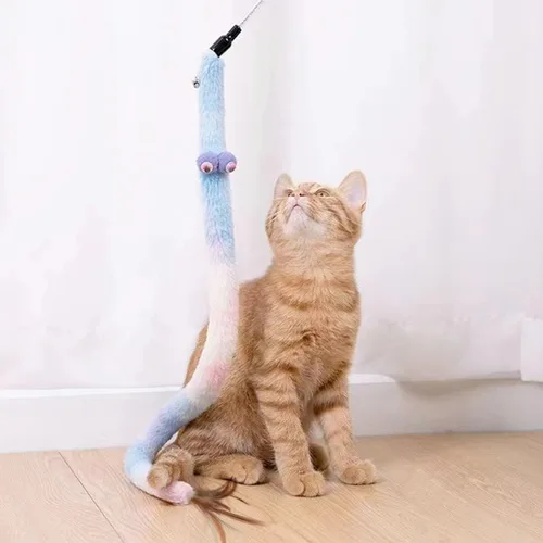 Miniatura 4 de Juguetes para gatos de interior, juguetes de varita de gato arco iris, bola de felpa con volteos de plumas, juguete interactivo de plumas para juego