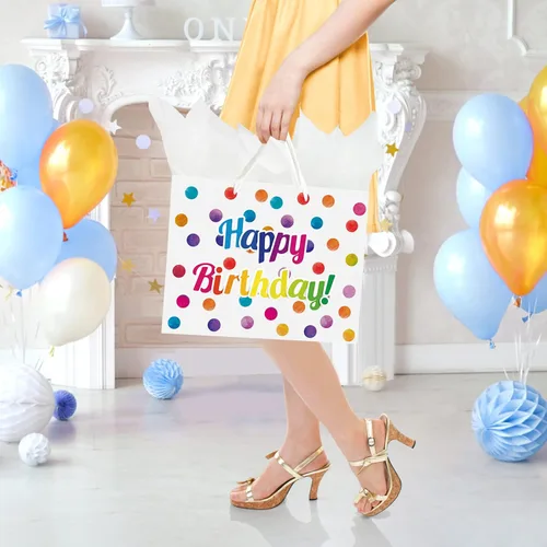 Miniatura 6 de Bolsa de regalo de cumpleaños grande de 13 pulgadas con tarjetas y papeles de seda para niños con asas (puntos)