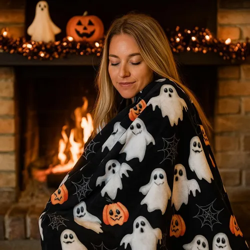 Miniatura 2 de Manta de Halloween: Jack O Lantern, calabazas, fantasmas blancos y telarañas en suave forro polar de terciopelo negro para sofá, sillas y cama Ghost