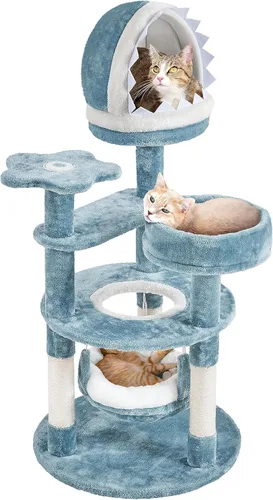 Yaheetech Árbol para Gatos con Temática Oceánica de 45.5 Pulgadas, Torre para Gatos de Múltiples Niveles, Muebles de Felpa para Mascotas con Nido en