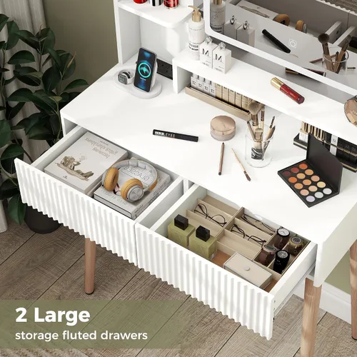 Miniatura 3 de Miereirl Escritorio de tocador acanalado con espejo iluminado LED, 3 modos de color, patas de madera maciza de 31.5 pulgadas, mesa de tocador