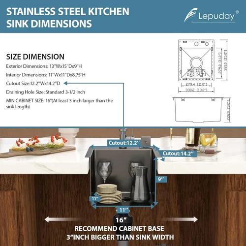 Miniatura 4 de Black Bar Sink Drop in 13x15 Inch Topmount Single Bowl Kitchen Sink Handmade T304 Stainless Steel Wet Bar Sink Outdoor RV Handmade Small Prep Sink