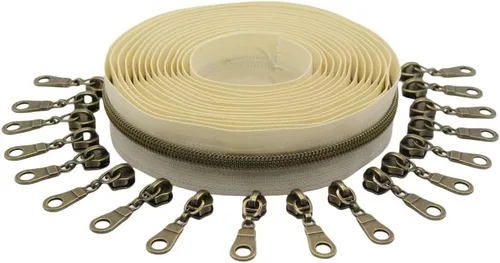 Miniatura 3 de YaHoGa #5 Cremalleras metálicas de nailon color latón antiguo de The Yard Bulk Cinta beige de 10 yardas con 25 unidades de tiradores para costura