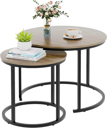 Garden 4 you Mesa de Centro Anidable, Juego de Mesa de Centro Redonda de 23.6" de 2 Piezas, Juego de Mesas Anidables de Madera con Marco de Metal,