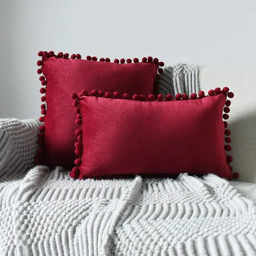 Miniatura 5 de vctops Funda de cojín lumbar con pompones, de terciopelo suave, sólida, decorativa, para sofá, dormitorio o automóvil, 1 pieza