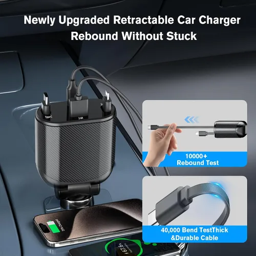 Miniatura 7 de MAGJIEYX Cargador retráctil para automóvil 4 en 1, adaptador de carga rápida MAGJIEYX de 62 W, cables retráctiles tipo C/USB-i y dispositivos USB
