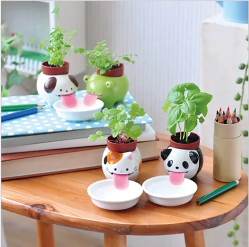 Miniatura 7 de Mini macetas de riego automático para suculentas, 1 paquete de maceta de cerámica animal con lengüeta y orificio de drenaje, maceta creativa