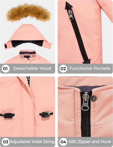 Miniatura 6 de Wantdo Chaqueta de esquí impermeable para niña, abrigo de invierno cálido con capucha de piel sintética