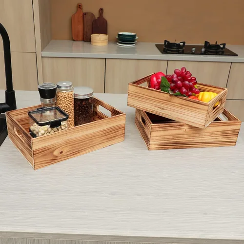 Miniatura 2 de PHOENANCEE Cajas de madera para exhibición, cajas decorativas rústicas de almacenamiento, juego de 3, caja anidable de madera con asas, cesta