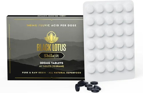 Black Lotus Shilajit Tabletas de resina, 60 unidades, 200 mg cada uno, 100% Shilajit natural puro para hombres y mujeres con aminoácidos, 140 mg de