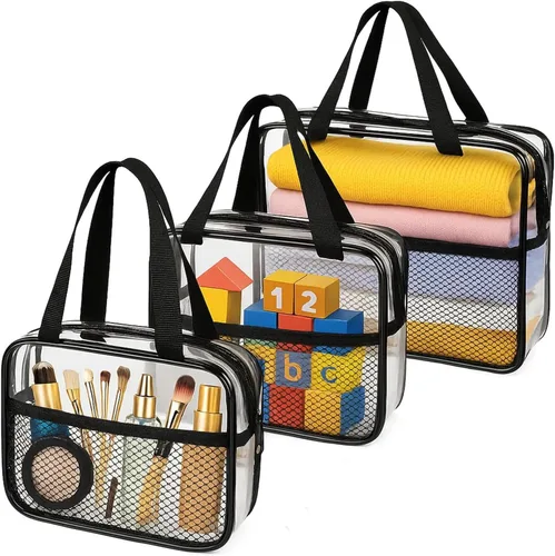 Miniatura 10 de XEWEA Bolsas de Aseo Transparentes de Viaje, Paquete de 3 Bolsas de Maquillaje Transparentes Aprobadas por TSA para Hombres y Mujeres, Kit
