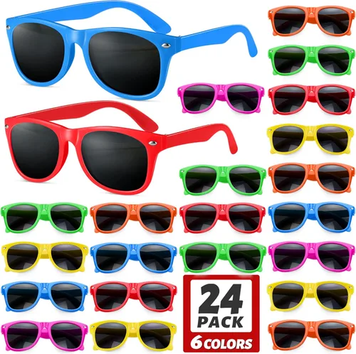GINMIC Gafas de sol para niños, regalos de fiesta, paquete de 24 lentes de sol de neón de San Valentín para niños, niños y niñas, gran regalo para