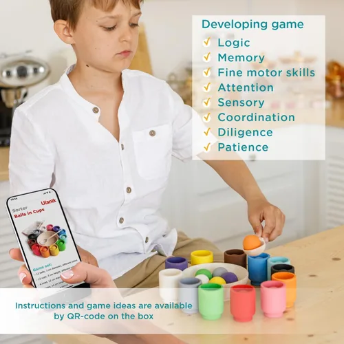 Miniatura 8 de Ulanik Pelotas en tazas Montessori Juguetes para niños de 1 año + niños preescolares juegos de madera a juego para aprender clasificación