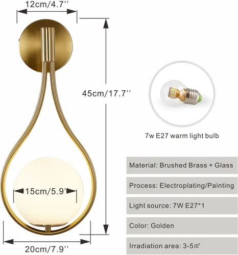 Miniatura 2 de BOKT Moderna lámpara de pared de cristal dorada para colgar en la pared, decoración del hogar (alambre duro) de mediados de siglo para dormitorio
