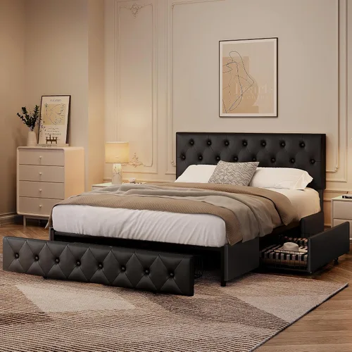 Miniatura 3 de Topeakmart Base de cama de plataforma tapizada tamaño Queen con cabecera ajustable en altura y 3 cajones de almacenamiento, base de colchón de piel