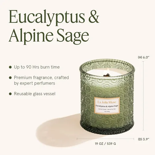 Miniatura 5 de LA JOLIE MUSE Vela de Navidad Eucalipto y salvia alpina Eucalipto, salvia y lavanda Vela de soja con mecha de madera de 19 onzas 90 horas