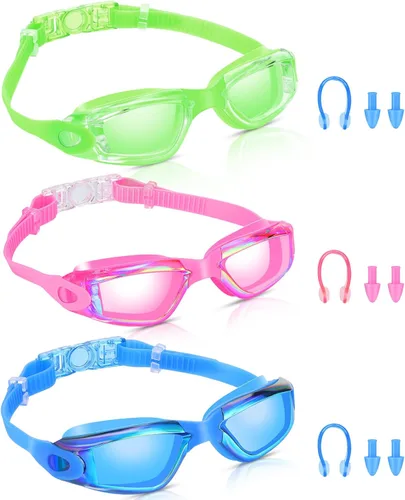 Miniatura 10 de Flutesan Paquete de 3 gafas de natación sin fugas, de silicona, antivaho con clip para la nariz, tapones para los oídos para adultos y niños, 3