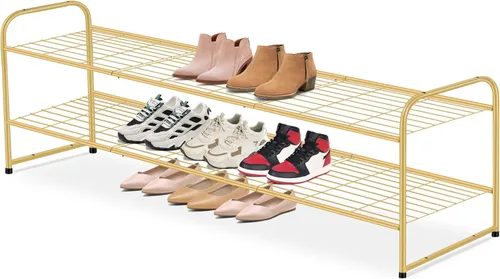 Miniatura 15 de AOODA Zapatero largo de 2 niveles para armario, organizador de almacenamiento de zapatos apilable de metal para entrada, dormitorio, piso, 18 pares