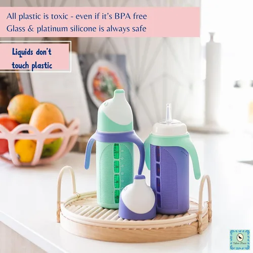 Miniatura 6 de Tabor Place Juego de 2 - Vaso sippy de vidrio para niños pequeños - The Luca A prueba de derrames Popote de silicona Azul y naranja 8 onzas