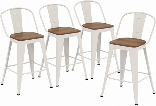 Miniatura 13 de Juego de 4 taburetes de bar de altura de mostrador para isla de cocina, estilo granja, sillas de bar de metal con respaldo alto, asiento de madera