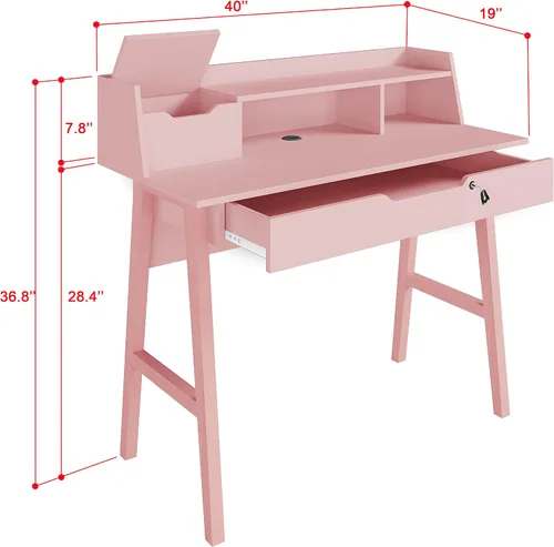 Miniatura 2 de Crafts and Comfort - Escritorio Pequeño Roma de Diseño Moderno para Dormitorio, Escritorio de Escritura Rosa de 40 Pulgadas con Estante Superior