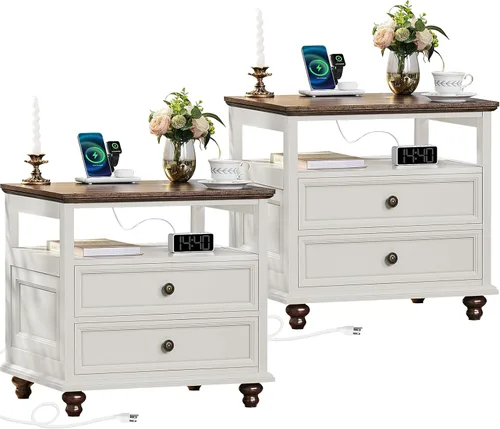 Miniatura 25 de Joaxswe Mesita de noche estilo granja con estación de carga, mesa auxiliar de 61 cm de ancho con 2 cajones, cómoda natural para dormitorio, cómoda